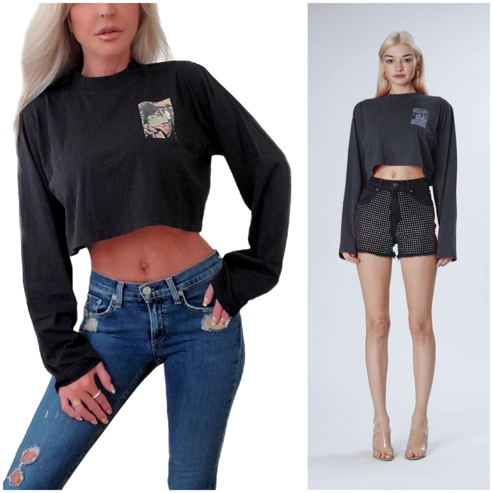 Frankie B Jenny Black Crop Long Sleeve Top
